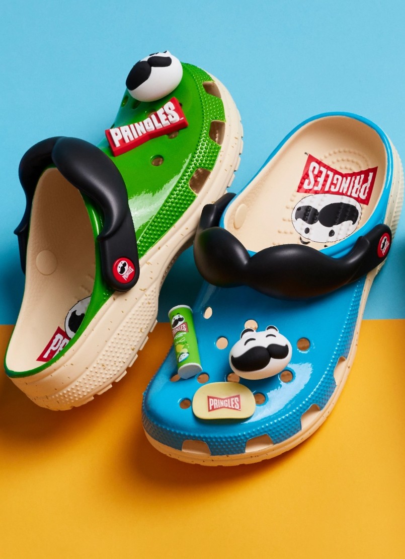 green and blue pringles branded crocs shoes