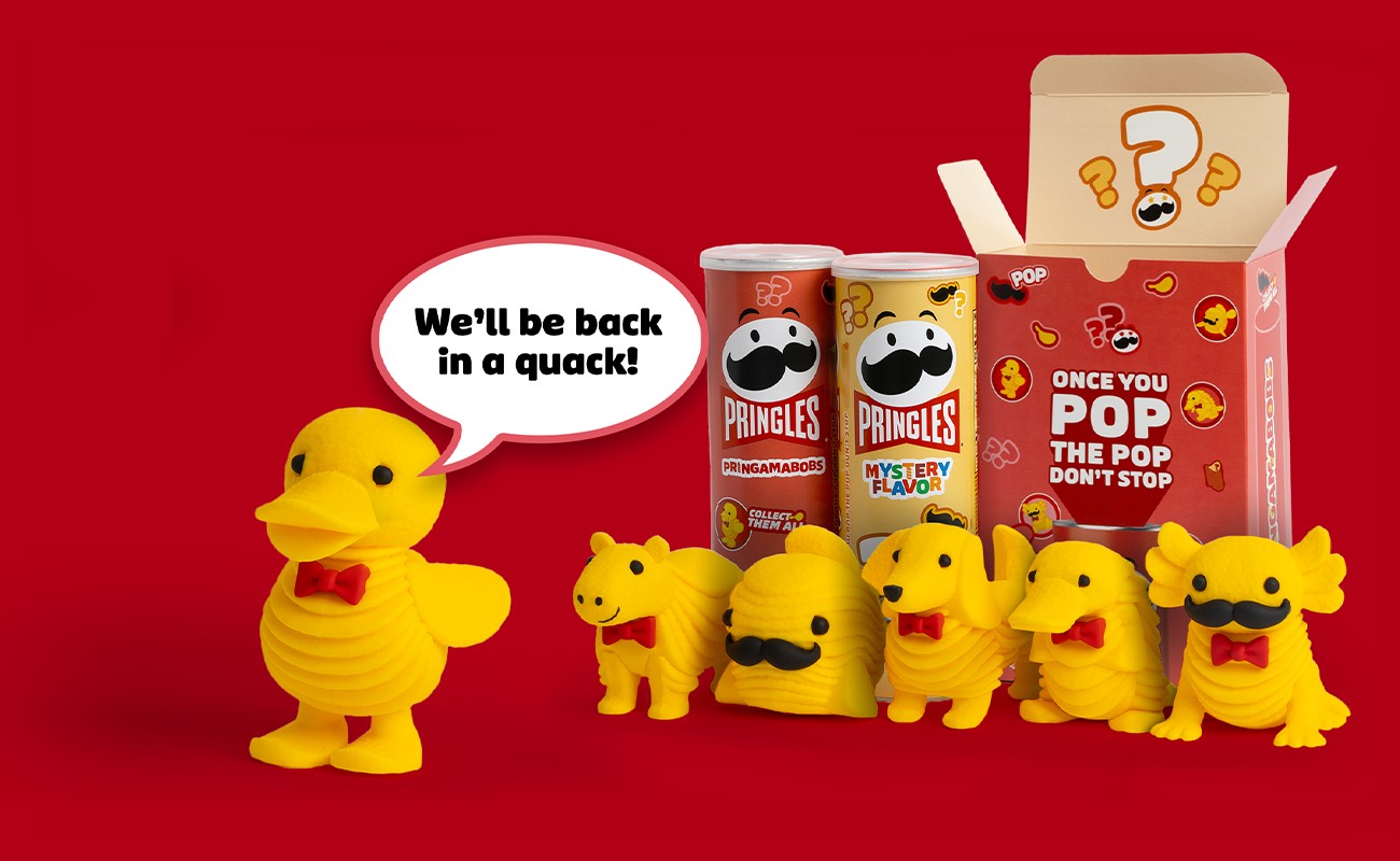 pringamabobs characters and packaging. pringypus word bubble saying we'll be back in a quack