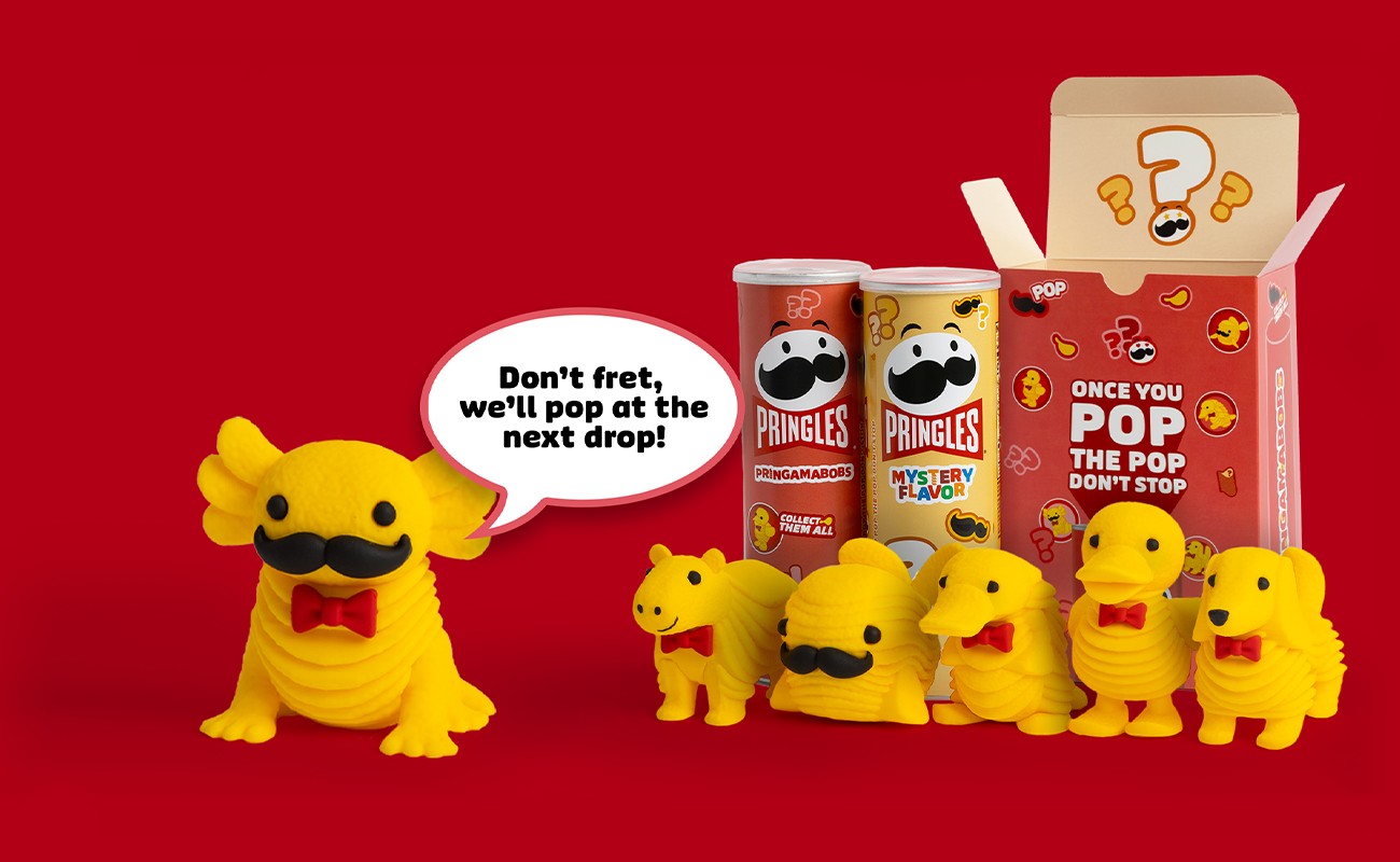 pringamabobs characters and packaging. snaxolotl word bubble saying dont fret we will pop at the  next drop