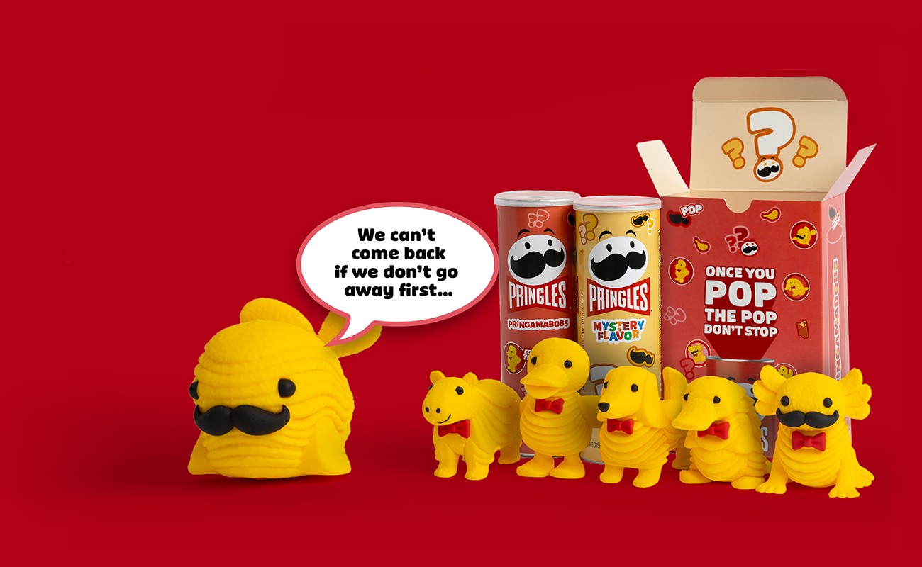 pringamabobs characters and packaging. crunchback whale word bubble saying we cant come back if we dont go away first...