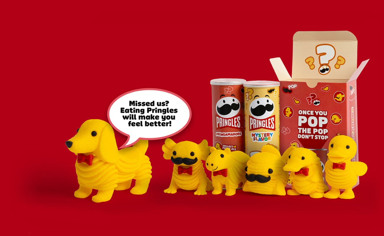 pringamabobs characters and packaging. puptato word bubble saying missed us eating Pringles will make you feel better
